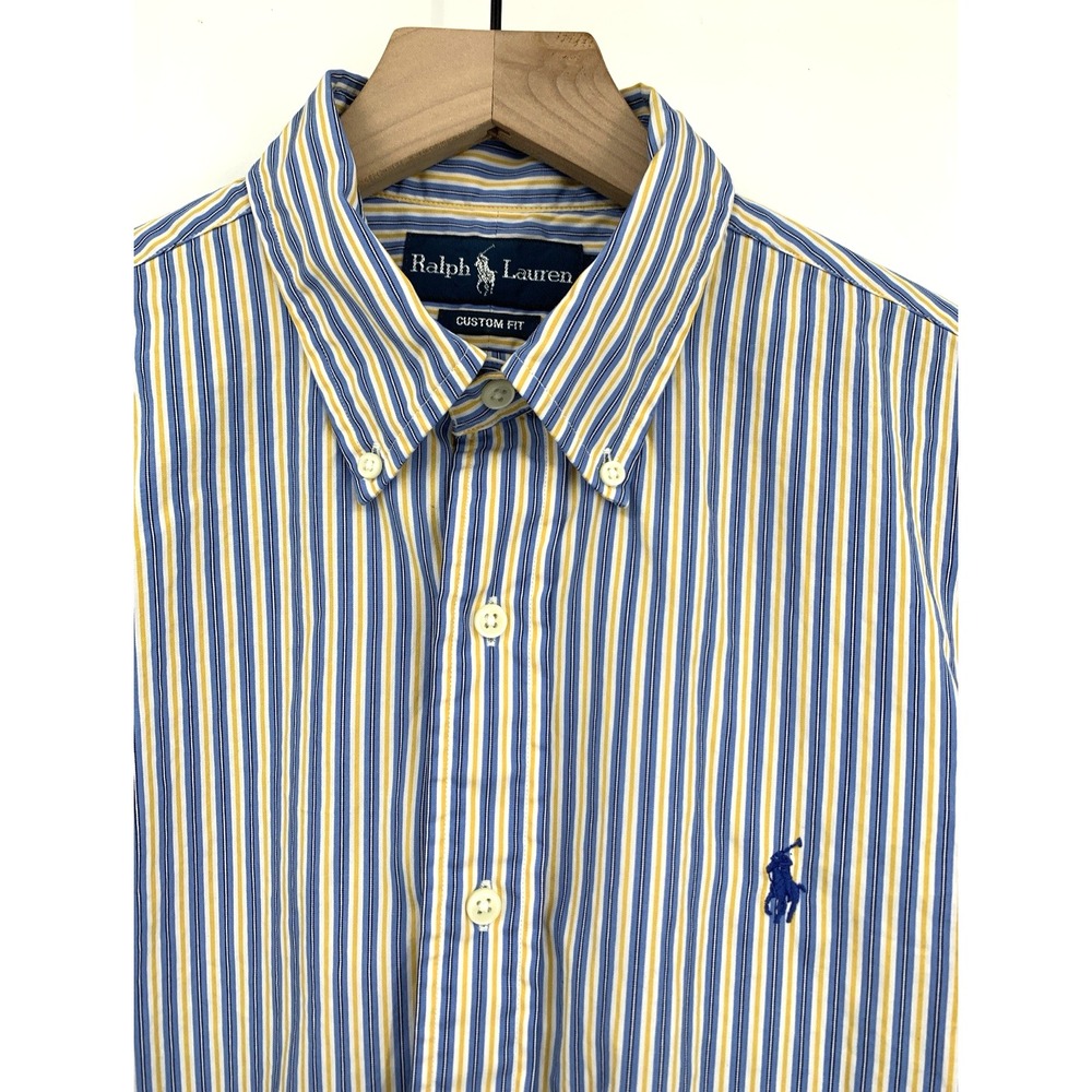 Vintage Ralph Lauren Shirt Mens Medium Blue Yellow Striped Pony Long Sleeve